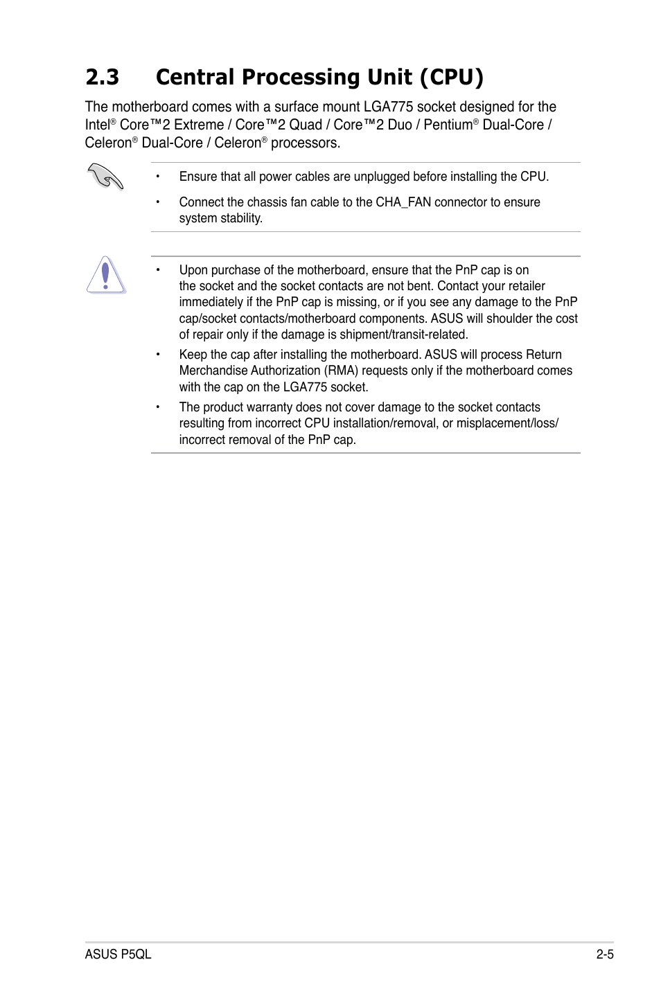 3 central processing unit (cpu), Central processing unit (cpu) -5 | Asus P5QL User Manual | Page 27 / 136
