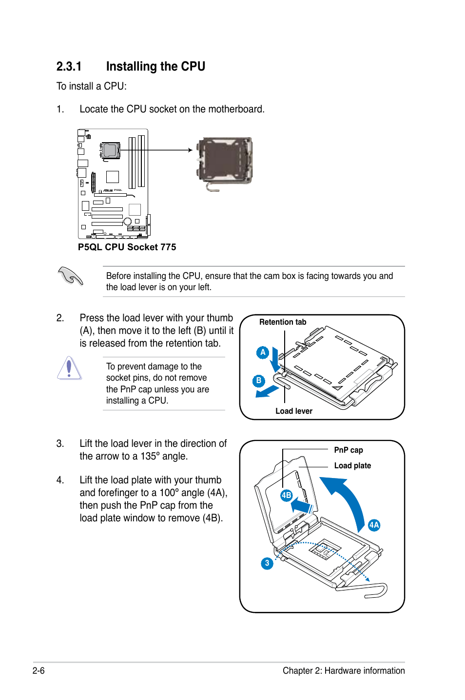 1 installing the cpu, Installing the cpu -6 | Asus P5QL User Manual | Page 28 / 136