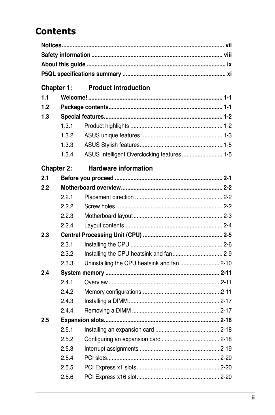 Asus P5QL User Manual | Page 3 / 136