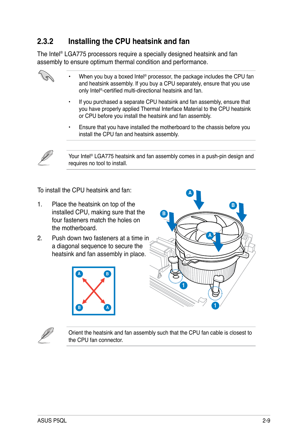 2 installing the cpu heatsink and fan, Installing the cpu heatsink and fan -9 | Asus P5QL User Manual | Page 31 / 136