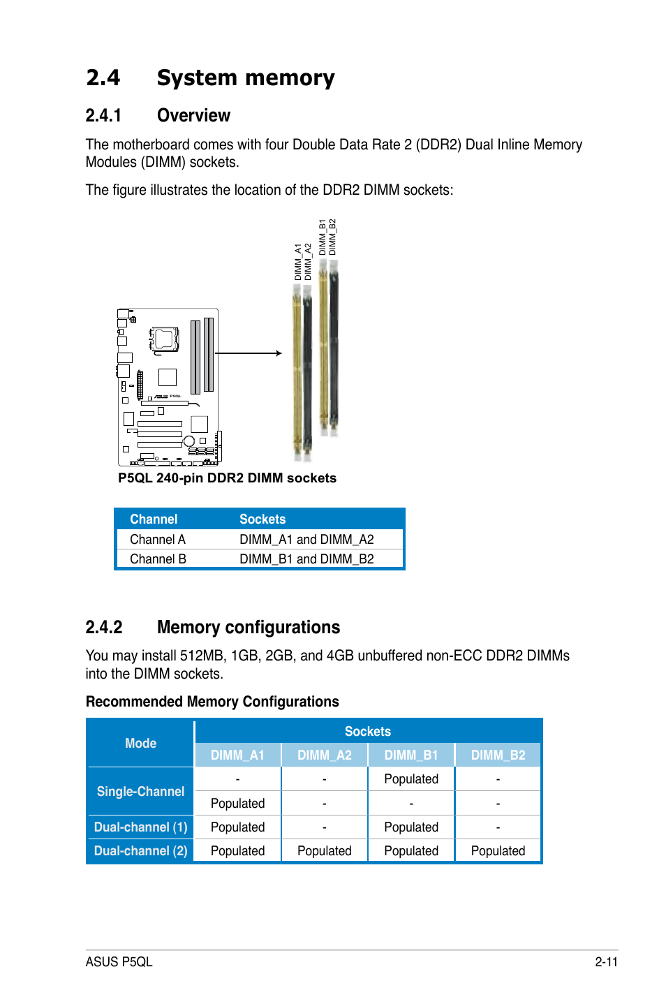 4 system memory, 1 overview, 2 memory configurations | System memory -11 2.4.1, Overview -11, Memory configurations -11 | Asus P5QL User Manual | Page 33 / 136