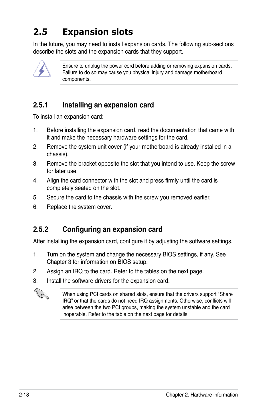 5 expansion slots, 1 installing an expansion card, 2 configuring an expansion card | Expansion slots -18 2.5.1, Installing an expansion card -18, Configuring an expansion card -18 | Asus P5QL User Manual | Page 40 / 136