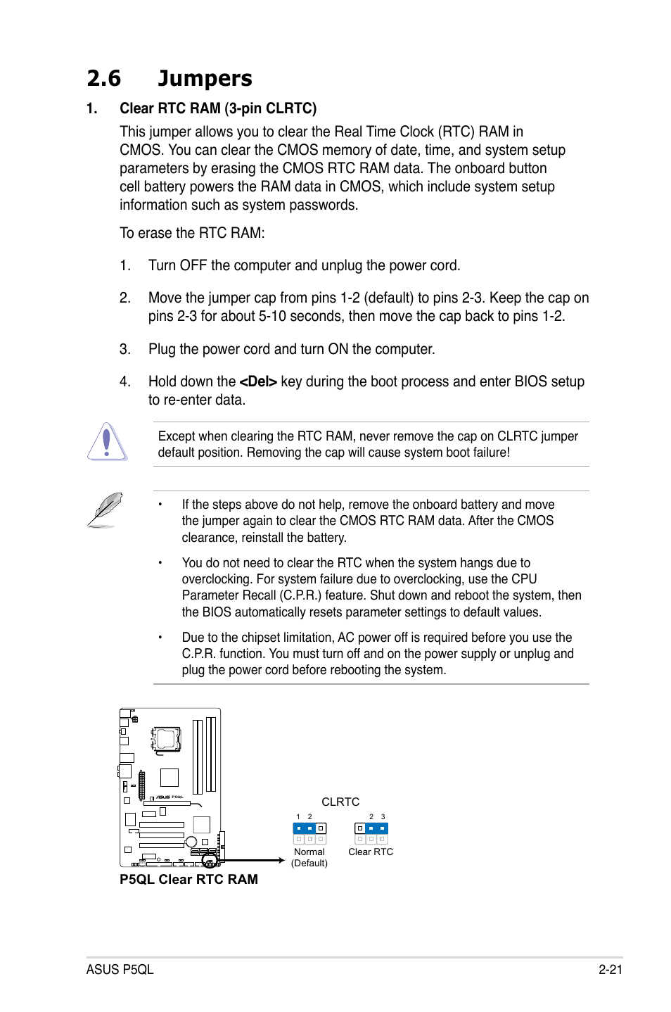 6 jumpers, Jumpers -21 | Asus P5QL User Manual | Page 43 / 136