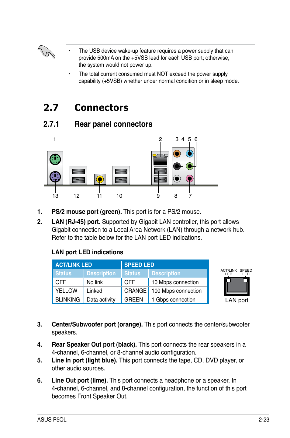 7 connectors, 1 rear panel connectors, Connectors -23 2.7.1 | Rear panel connectors -23 | Asus P5QL User Manual | Page 45 / 136