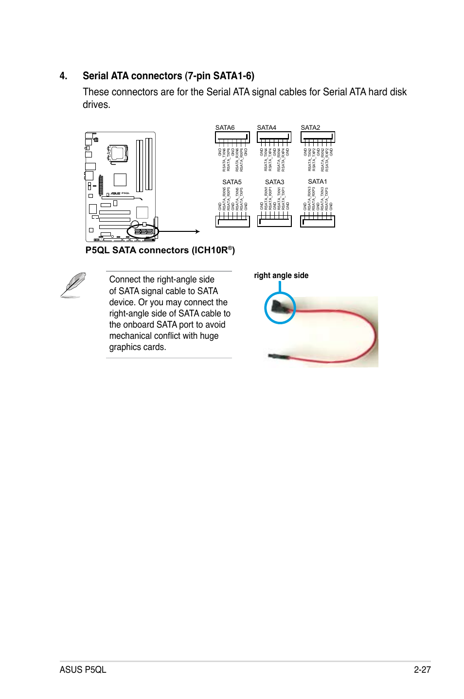 Asus p5ql 2-27, P5ql sata connectors (ich10r, Right angle side | Asus P5QL User Manual | Page 49 / 136