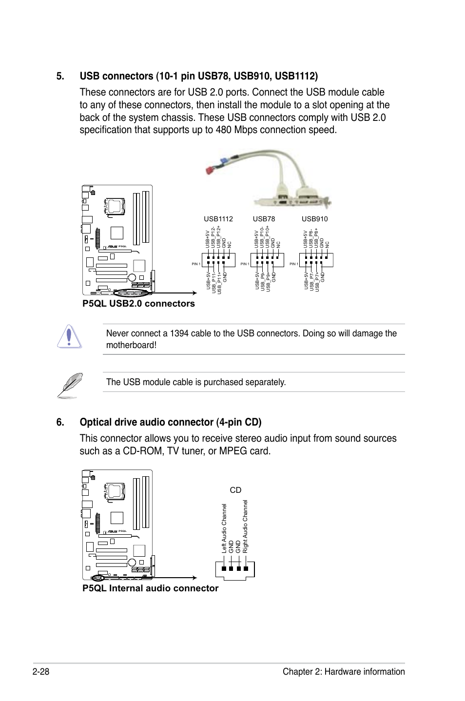 28 chapter 2: hardware information, P5ql usb2.0 connectors, P5ql internal audio connector | Asus P5QL User Manual | Page 50 / 136
