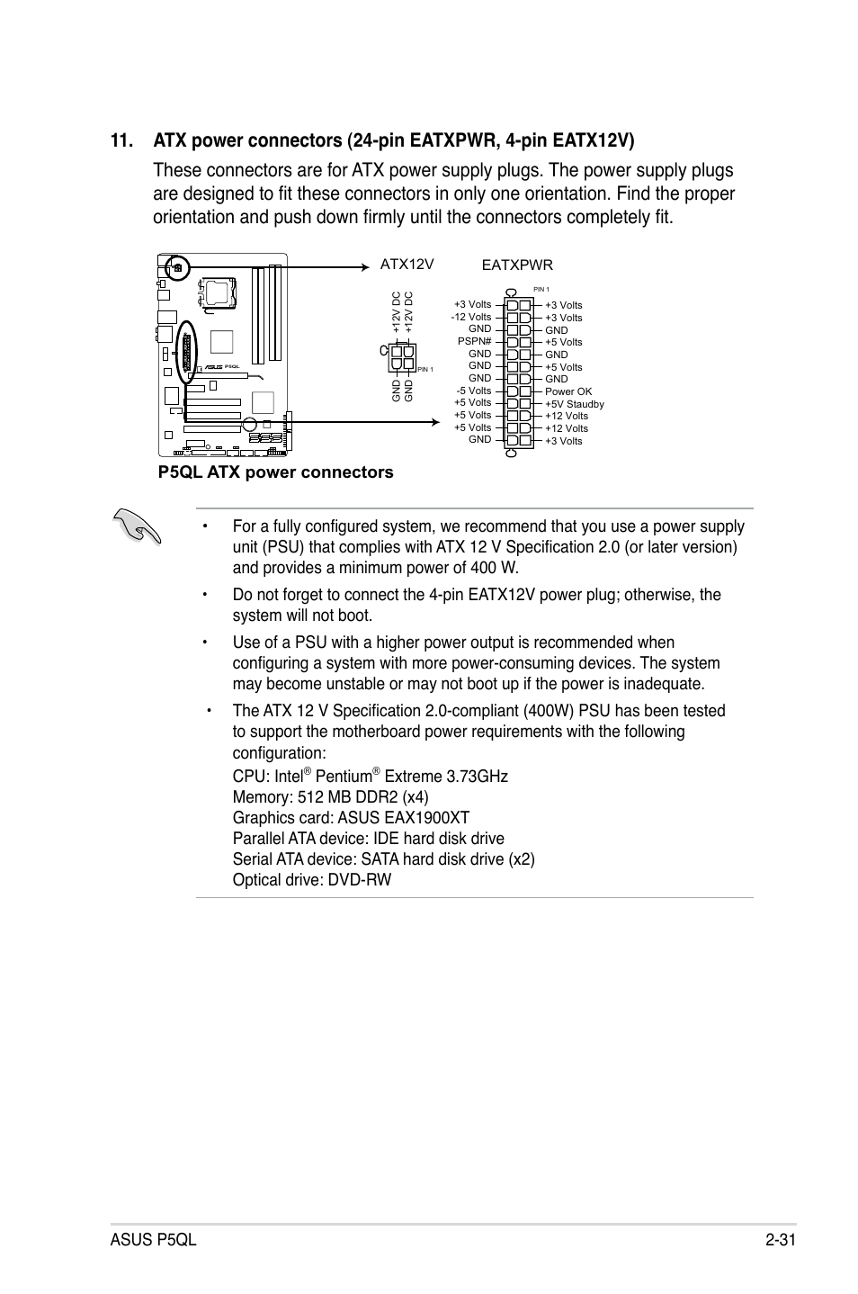 Pentium, P5ql atx power connectors | Asus P5QL User Manual | Page 53 / 136