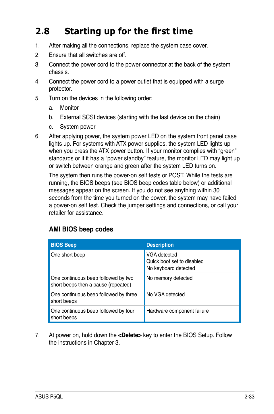 8 starting up for the first time, Starting up for the first time -33 | Asus P5QL User Manual | Page 55 / 136