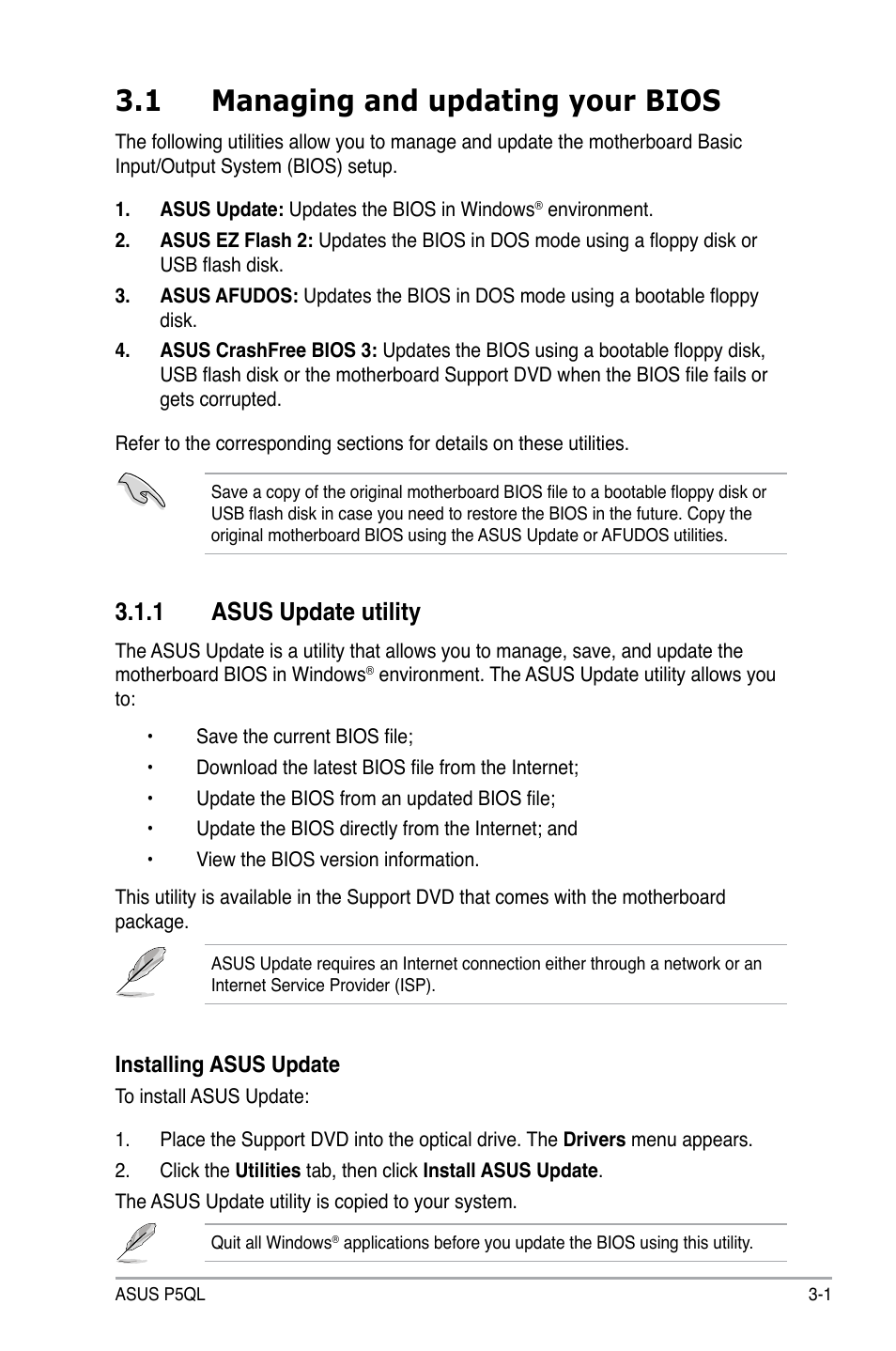 1 managing and updating your bios, 1 asus update utility, Managing and updating your bios -1 3.1.1 | Asus update utility -1 | Asus P5QL User Manual | Page 59 / 136