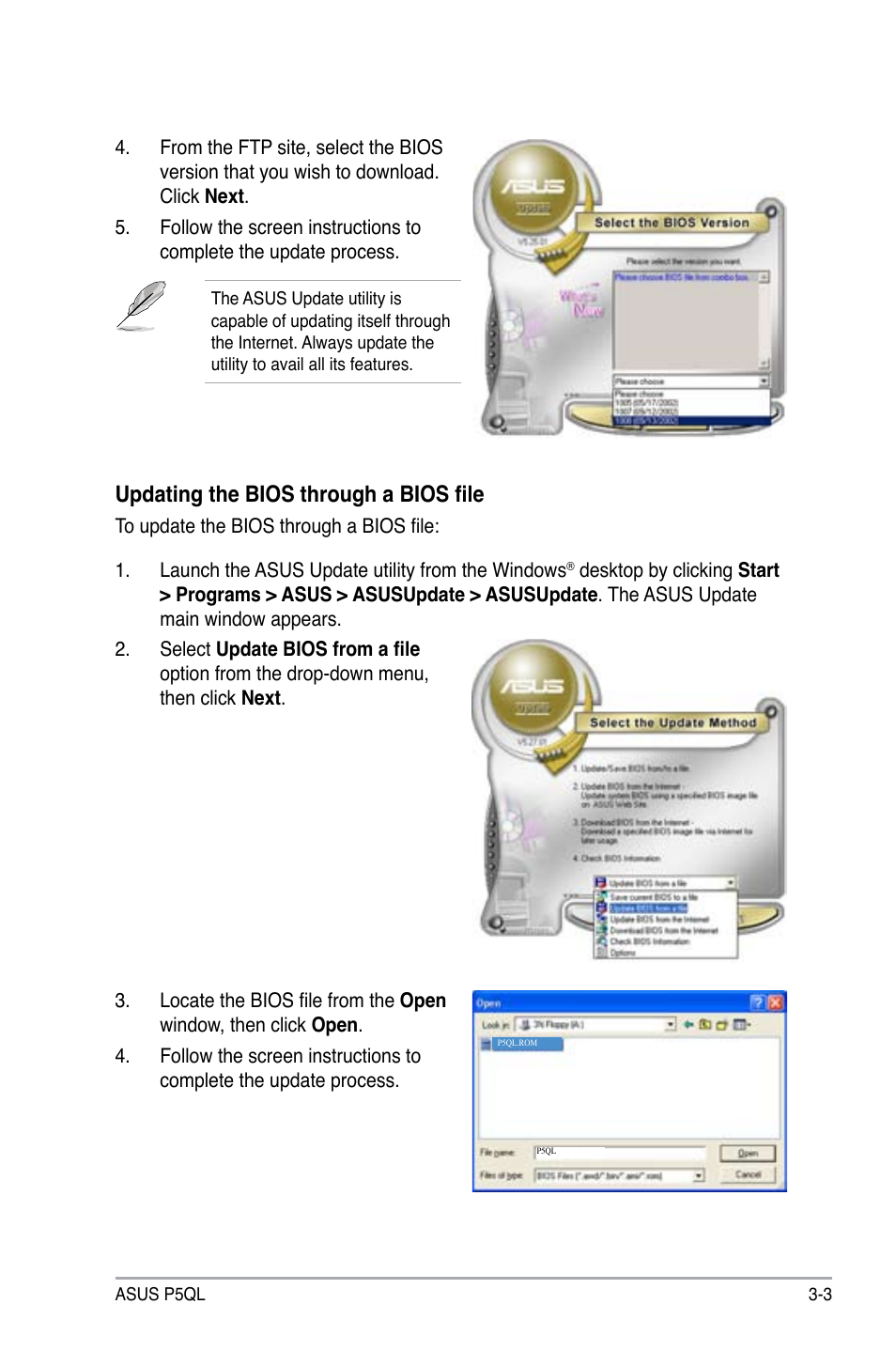 Updating the bios through a bios file | Asus P5QL User Manual | Page 61 / 136