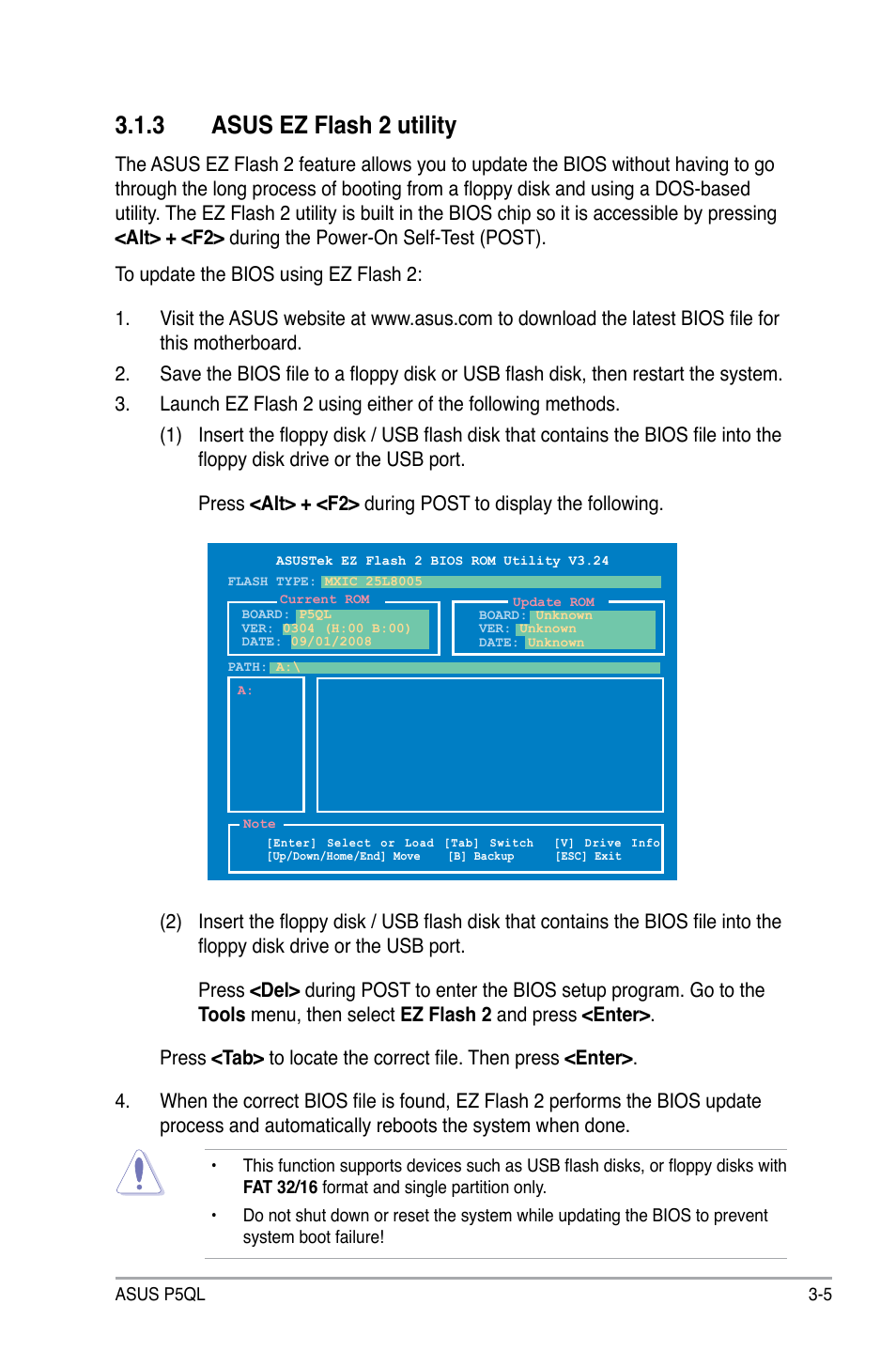 3 asus ez flash 2 utility, Asus ez flash 2 utility -5 | Asus P5QL User Manual | Page 63 / 136