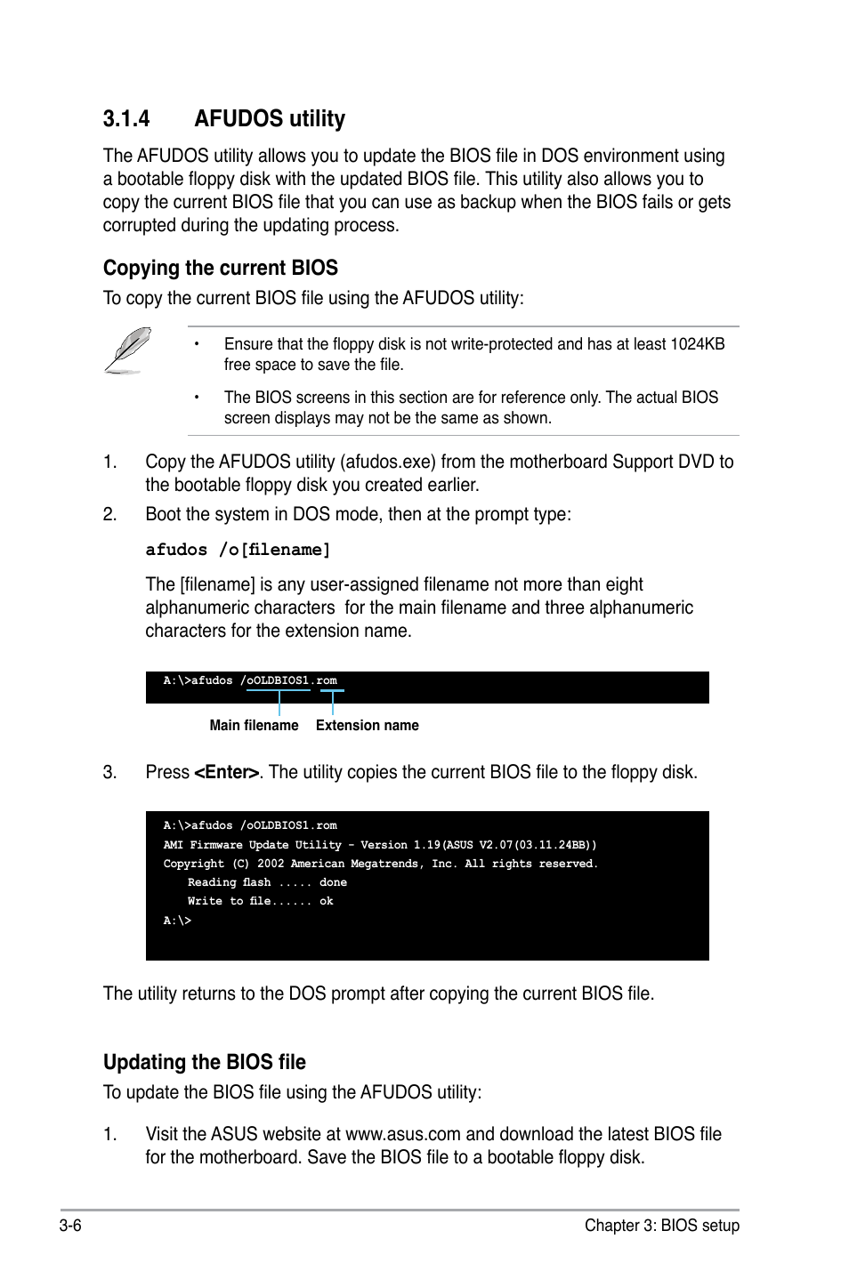 4 afudos utility, Afudos utility -6, Copying the current bios | Updating the bios file | Asus P5QL User Manual | Page 64 / 136