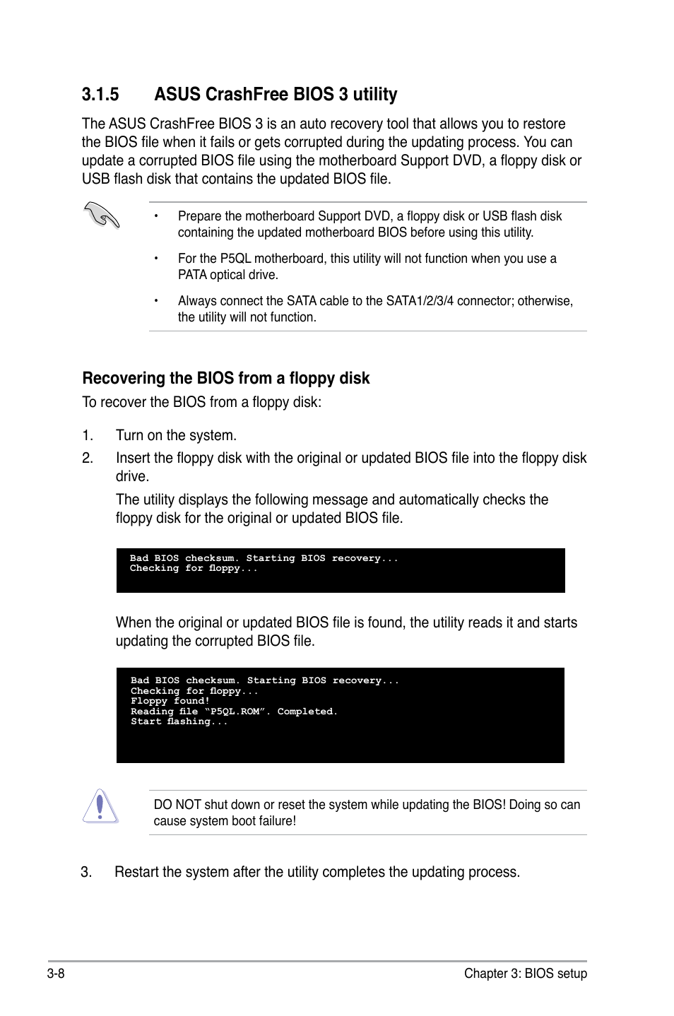 5 asus crashfree bios 3 utility, Asus crashfree bios 3 utility -8, Recovering the bios from a floppy disk | Asus P5QL User Manual | Page 66 / 136