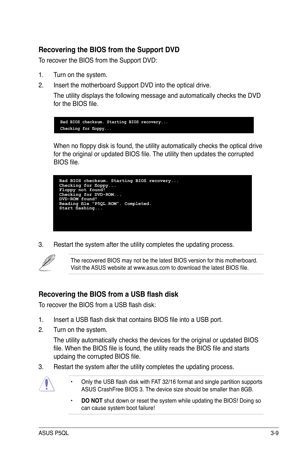 Recovering the bios from the support dvd, Recovering the bios from a usb flash disk | Asus P5QL User Manual | Page 67 / 136