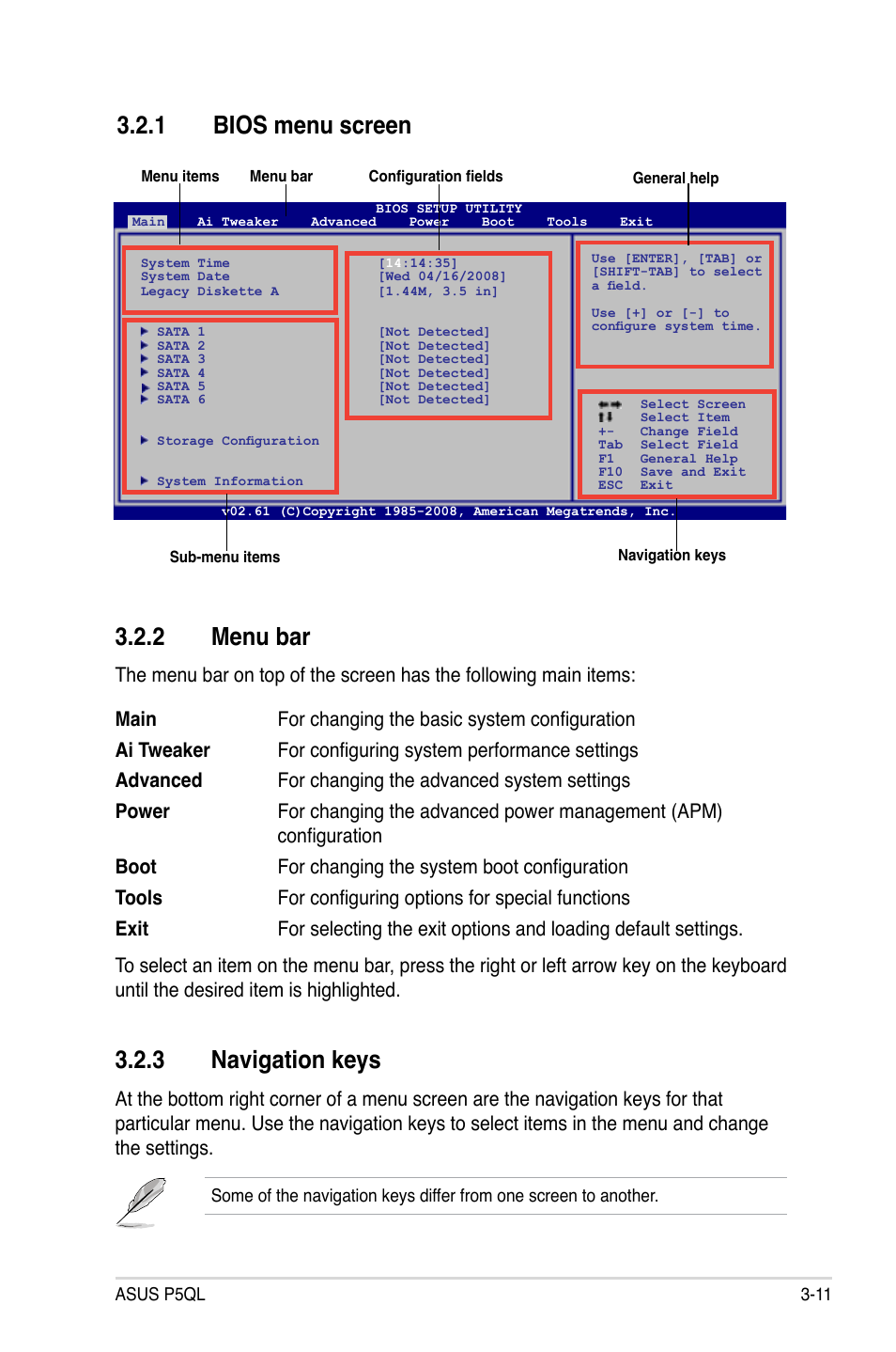 1 bios menu screen, 2 menu bar, 3 navigation keys | Bios menu screen -11, Menu bar -11, Navigation keys -11 | Asus P5QL User Manual | Page 69 / 136