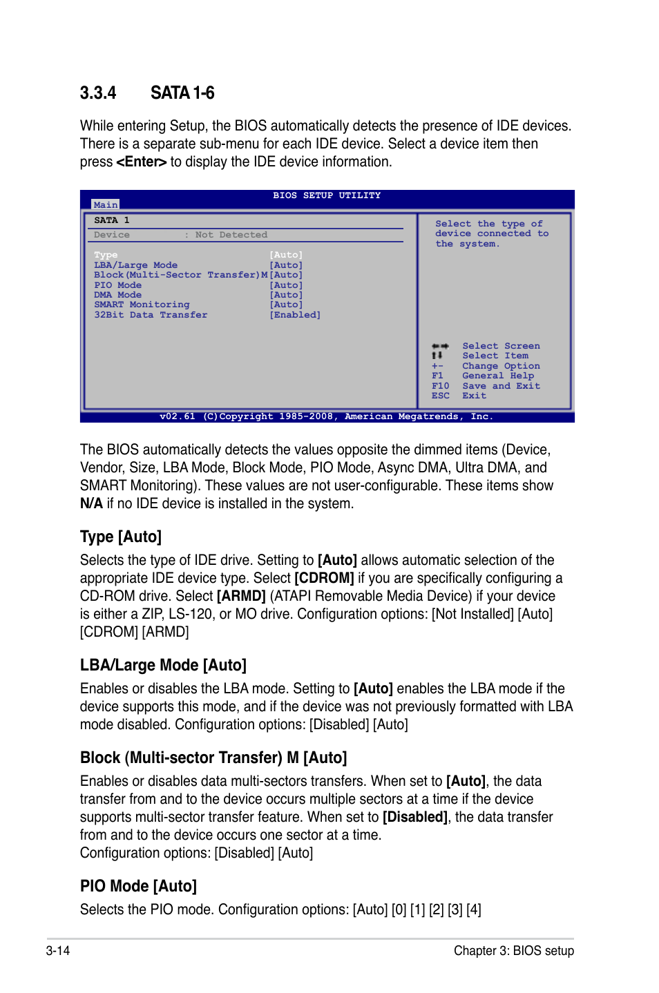 4 sata 1-6, Sata 1-6 -14, Type [auto | Lba/large mode [auto, Block (multi-sector transfer) m [auto, Pio mode [auto | Asus P5QL User Manual | Page 72 / 136