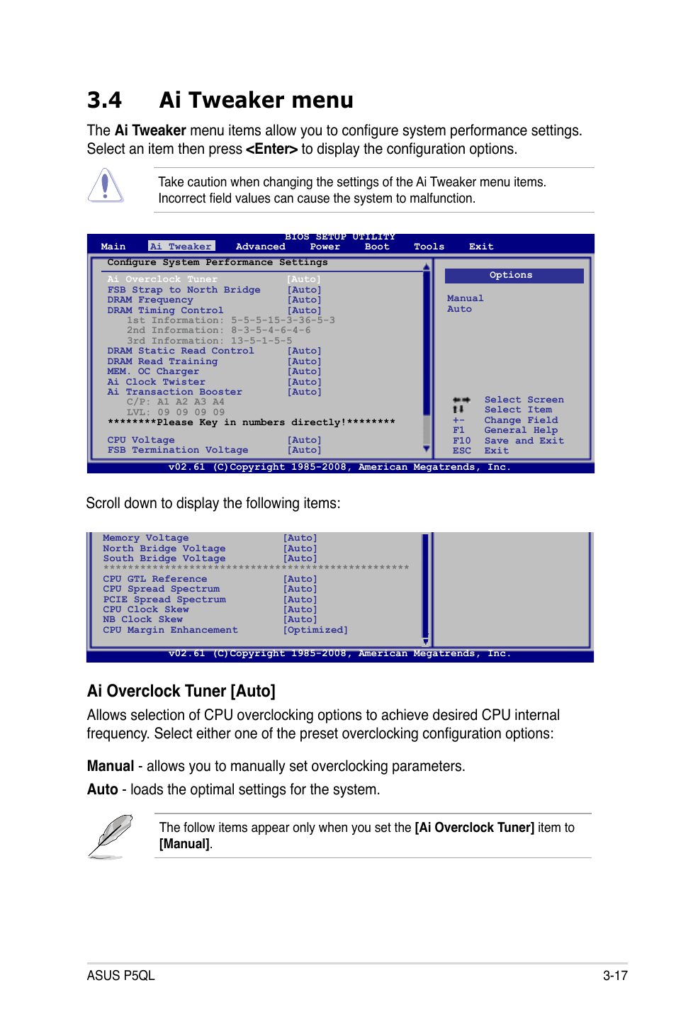 4 ai tweaker menu, Ai tweaker menu -17, Ai overclock tuner [auto | Scroll down to display the following items, Asus p5ql 3-17 | Asus P5QL User Manual | Page 75 / 136