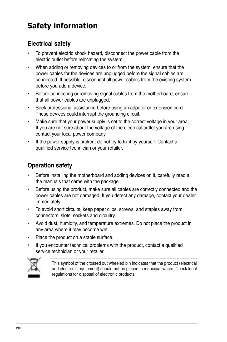 Safety information, Electrical safety, Operation safety | Asus P5QL User Manual | Page 8 / 136