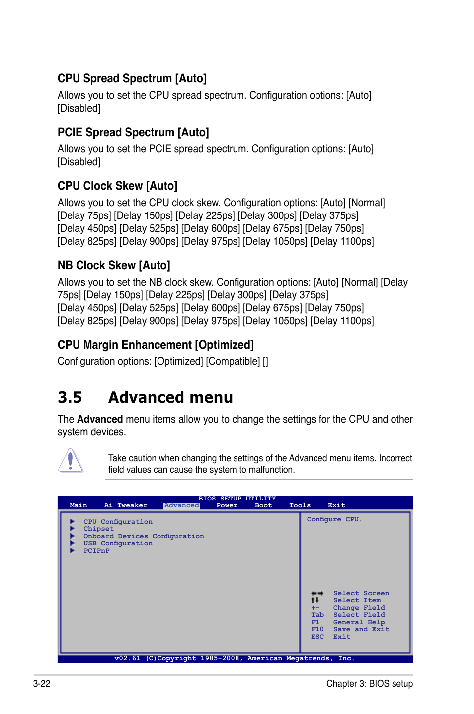 5 advanced menu, Advanced menu -22, Cpu spread spectrum [auto | Pcie spread spectrum [auto, Cpu clock skew [auto, Nb clock skew [auto, Cpu margin enhancement [optimized | Asus P5QL User Manual | Page 80 / 136