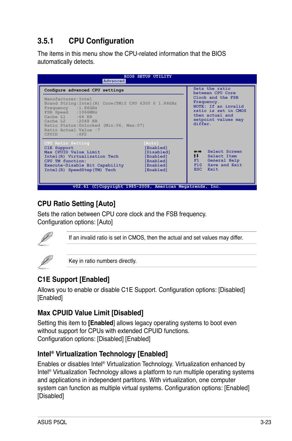 1 cpu configuration, Cpu configuration -23, Cpu ratio setting [auto | C1e support [enabled, Max cpuid value limit [disabled, Intel, Virtualization technology [enabled, Enables or disables intel | Asus P5QL User Manual | Page 81 / 136
