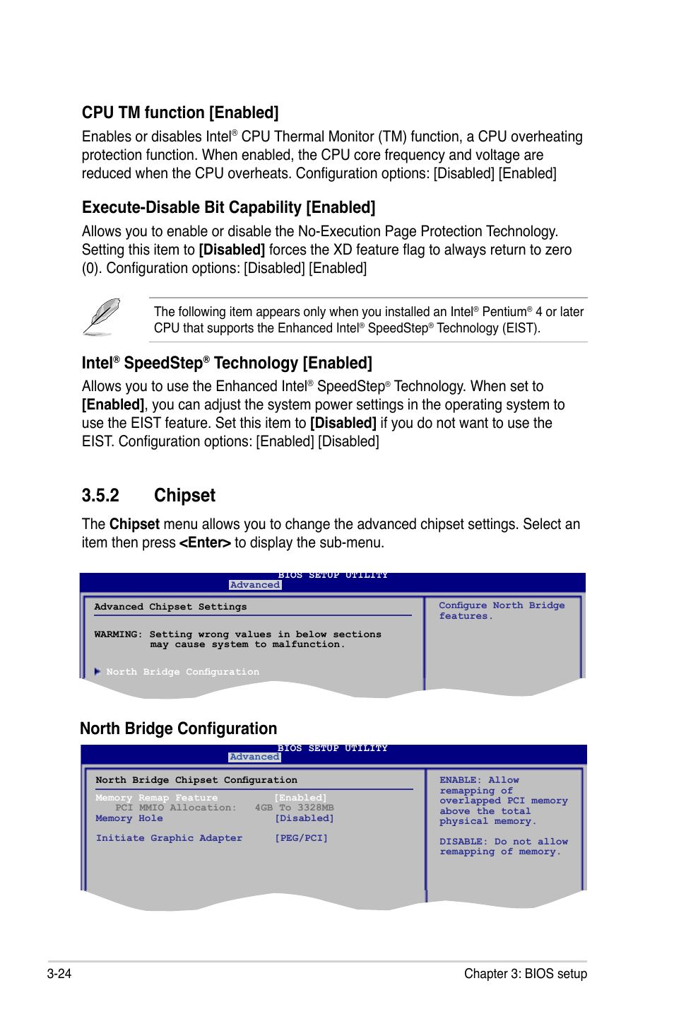 2 chipset, Chipset -24, Cpu tm function [enabled | Execute-disable bit capability [enabled, Intel, Speedstep, Technology [enabled, North bridge configuration, Enables or disables intel, Allows you to use the enhanced intel | Asus P5QL User Manual | Page 82 / 136