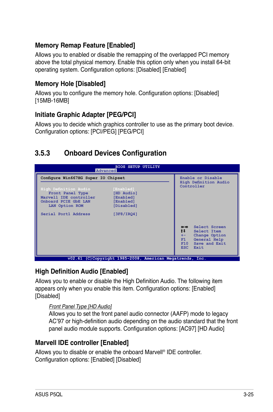 3 onboard devices configuration, Onboard devices configuration -25, Initiate graphic adapter [peg/pci | High definition audio [enabled, Marvell ide controller [enabled | Asus P5QL User Manual | Page 83 / 136