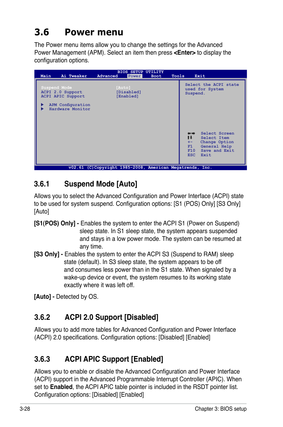 6 power menu, 1 suspend mode, 2 acpi 2.0 support | 3 acpi apic support, Power menu -28 3.6.1, Suspend mode -28, Acpi 2.0 support -28, Acpi apic support -28, 1 suspend mode [auto, 3 acpi apic support [enabled | Asus P5QL User Manual | Page 86 / 136
