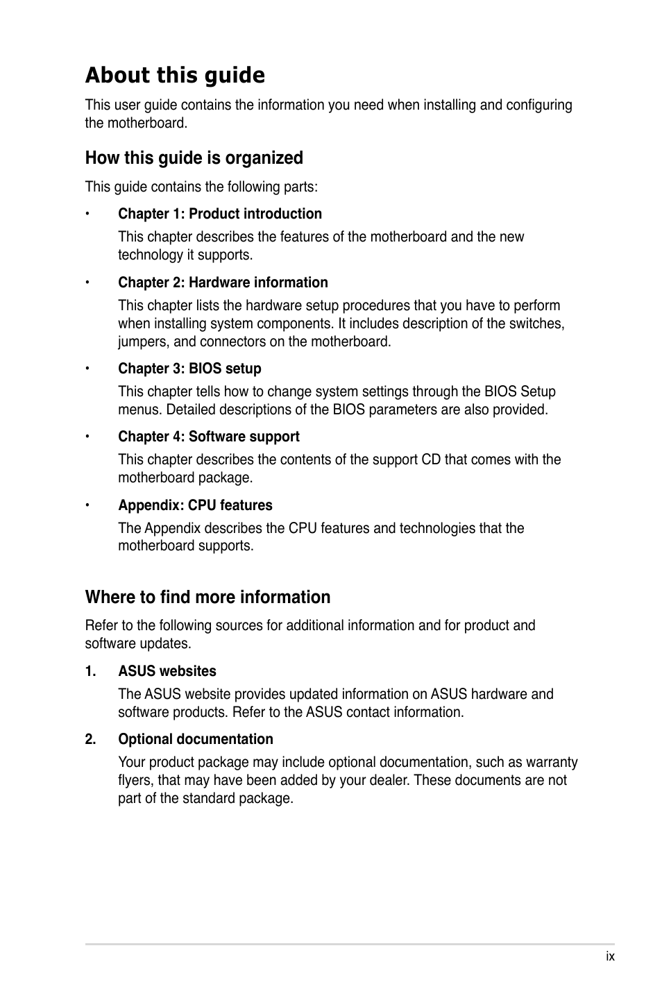 About this guide, How this guide is organized, Where to find more information | Asus P5QL User Manual | Page 9 / 136