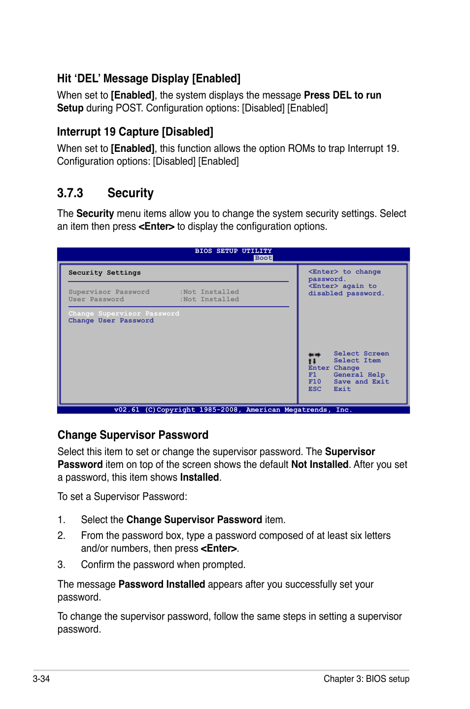 3 security, Security -34, Hit ‘del’ message display [enabled | Interrupt 19 capture [disabled, Change supervisor password | Asus P5QL User Manual | Page 92 / 136