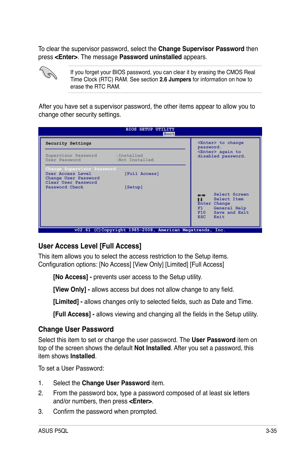 User access level [full access, Change user password | Asus P5QL User Manual | Page 93 / 136