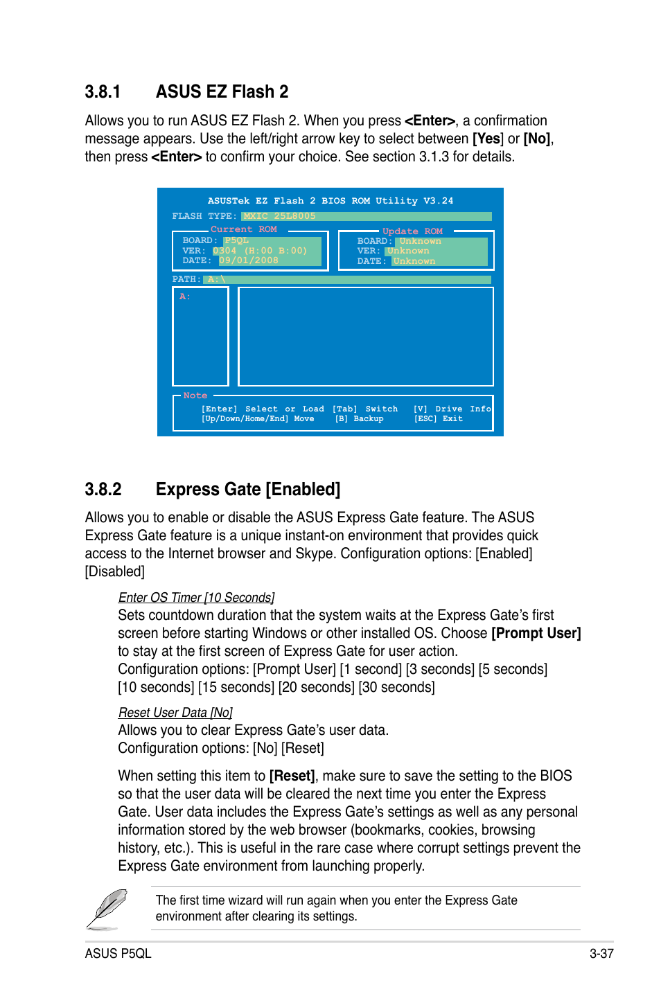 1 asus ez flash 2, 2 express gate, Asus ez flash 2 -37 | Express gate -37, 2 express gate [enabled | Asus P5QL User Manual | Page 95 / 136