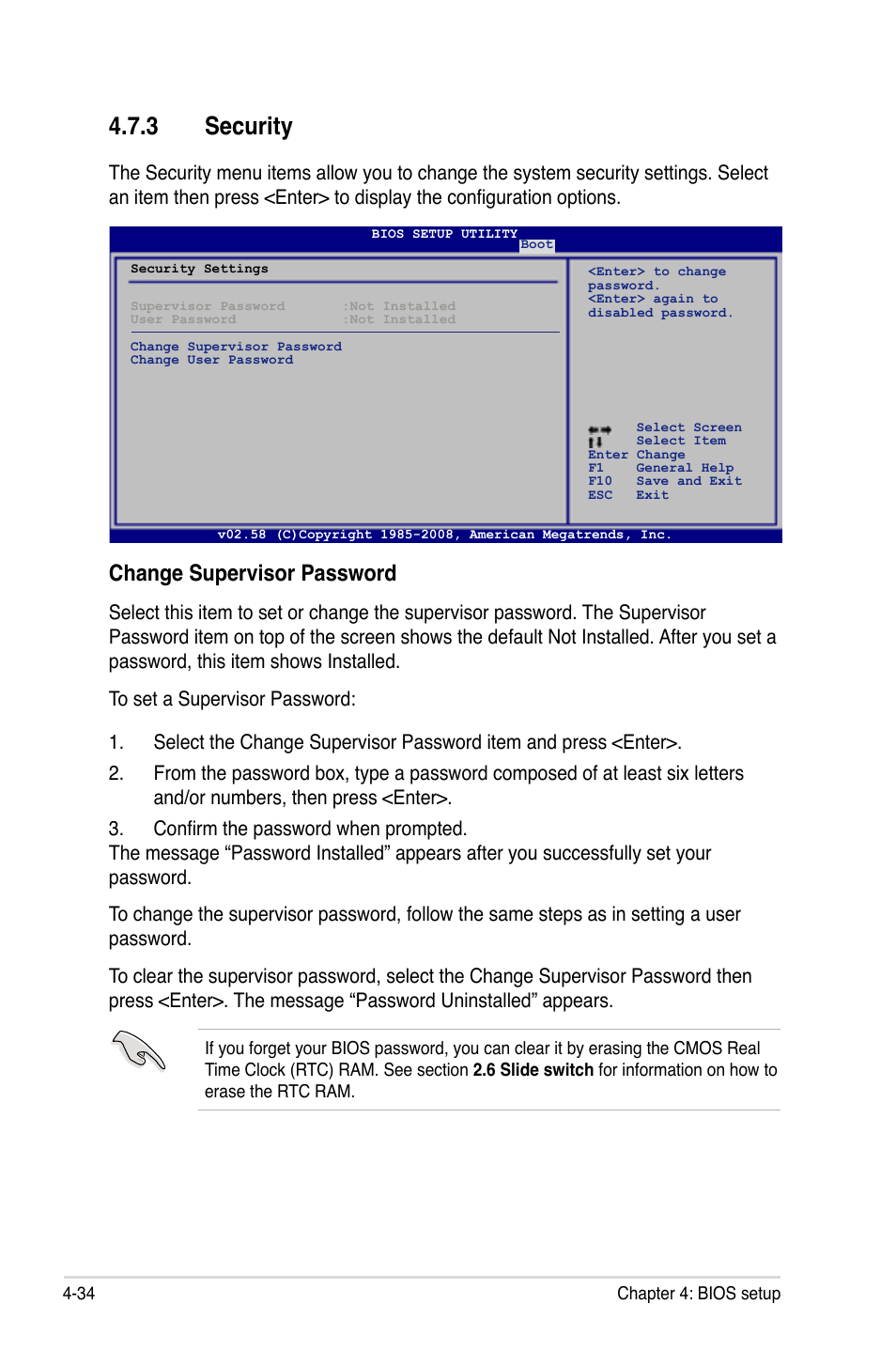 3 security, Security -34, Change supervisor password | Asus P5E Deluxe User Manual | Page 100 / 174