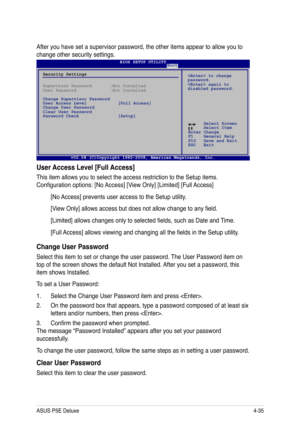 User access level [full access, Change user password, Clear user password | Select this item to clear the user password | Asus P5E Deluxe User Manual | Page 101 / 174