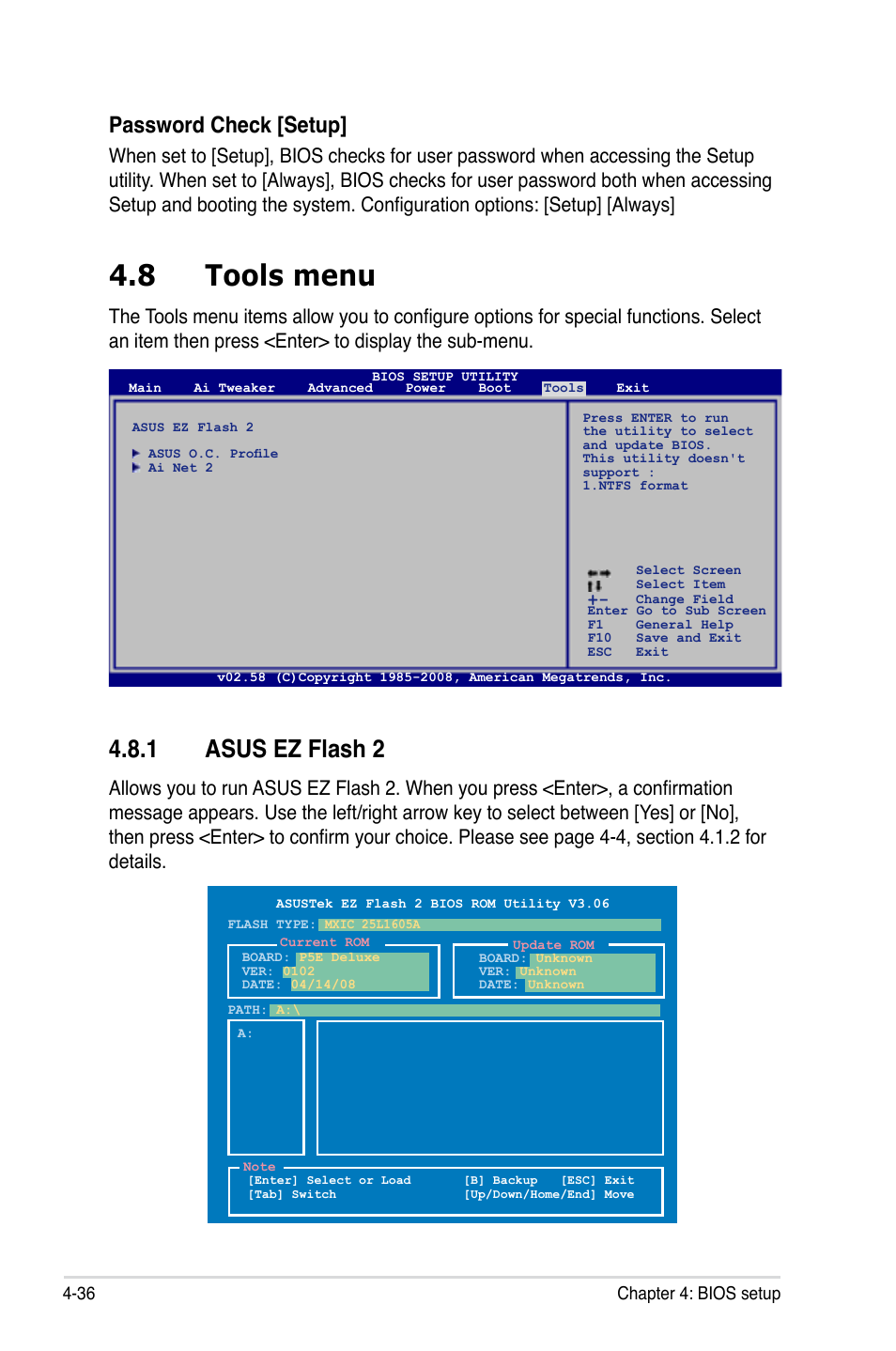 8 tools menu, 1 asus ez flash 2, Tools menu -36 4.8.1 | Asus ez flash 2 -36, Password check [setup | Asus P5E Deluxe User Manual | Page 102 / 174