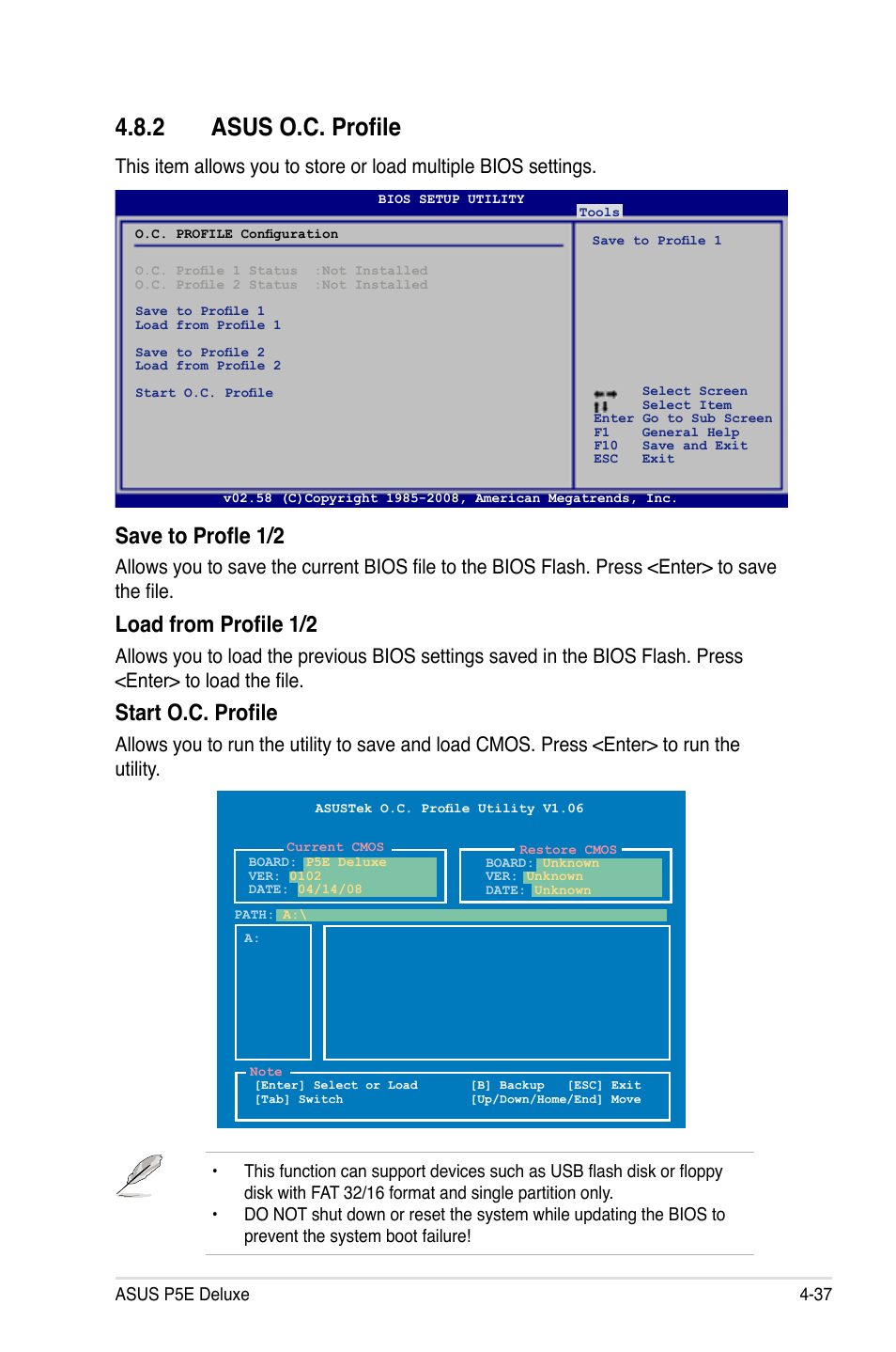 2 asus o.c. profile, Asus o.c. profile -37, Save to profle 1/2 | Load from profile 1/2, Start o.c. profile | Asus P5E Deluxe User Manual | Page 103 / 174