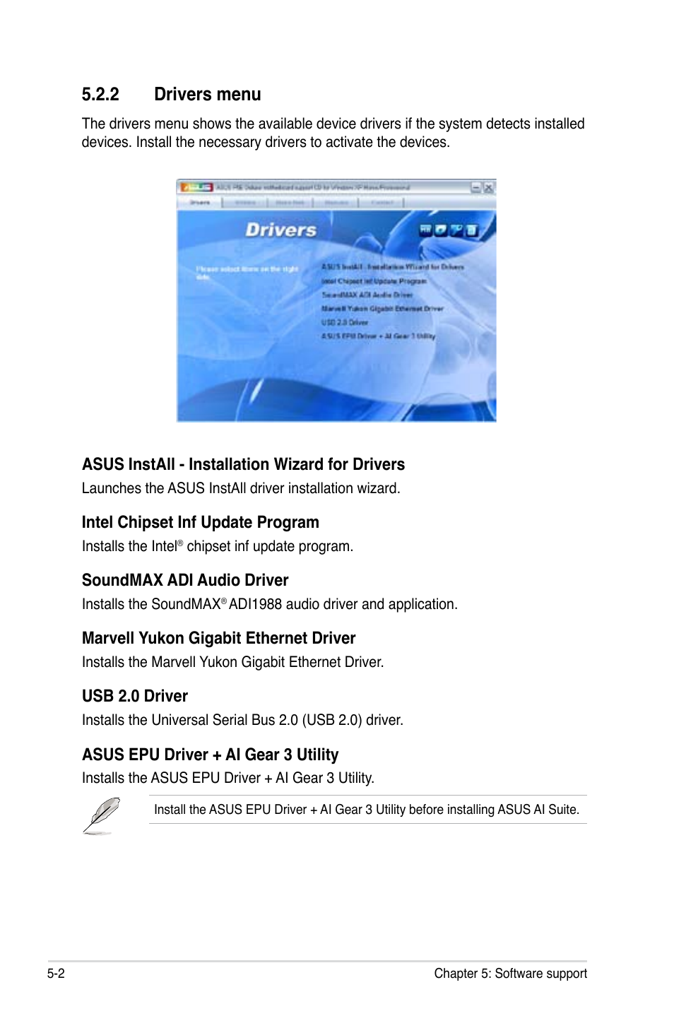 2 drivers menu, Drivers menu -2 | Asus P5E Deluxe User Manual | Page 110 / 174