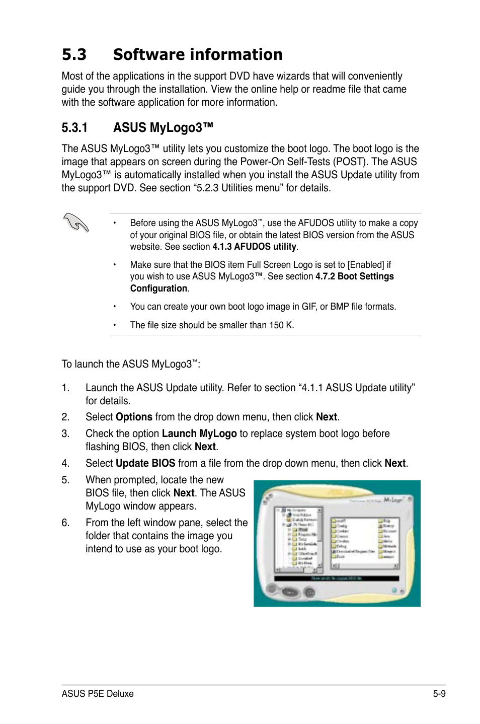 3 software information, 1 asus mylogo3, Software information -9 5.3.1 | Asus mylogo3™ -9 | Asus P5E Deluxe User Manual | Page 117 / 174