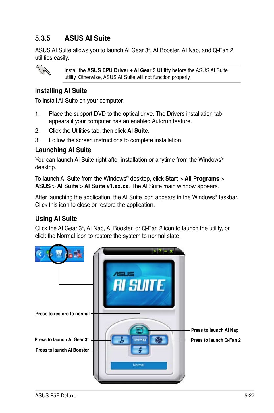 5 asus ai suite, 5 asus ai suite -27, Installing ai suite | Launching ai suite, Using ai suite | Asus P5E Deluxe User Manual | Page 135 / 174