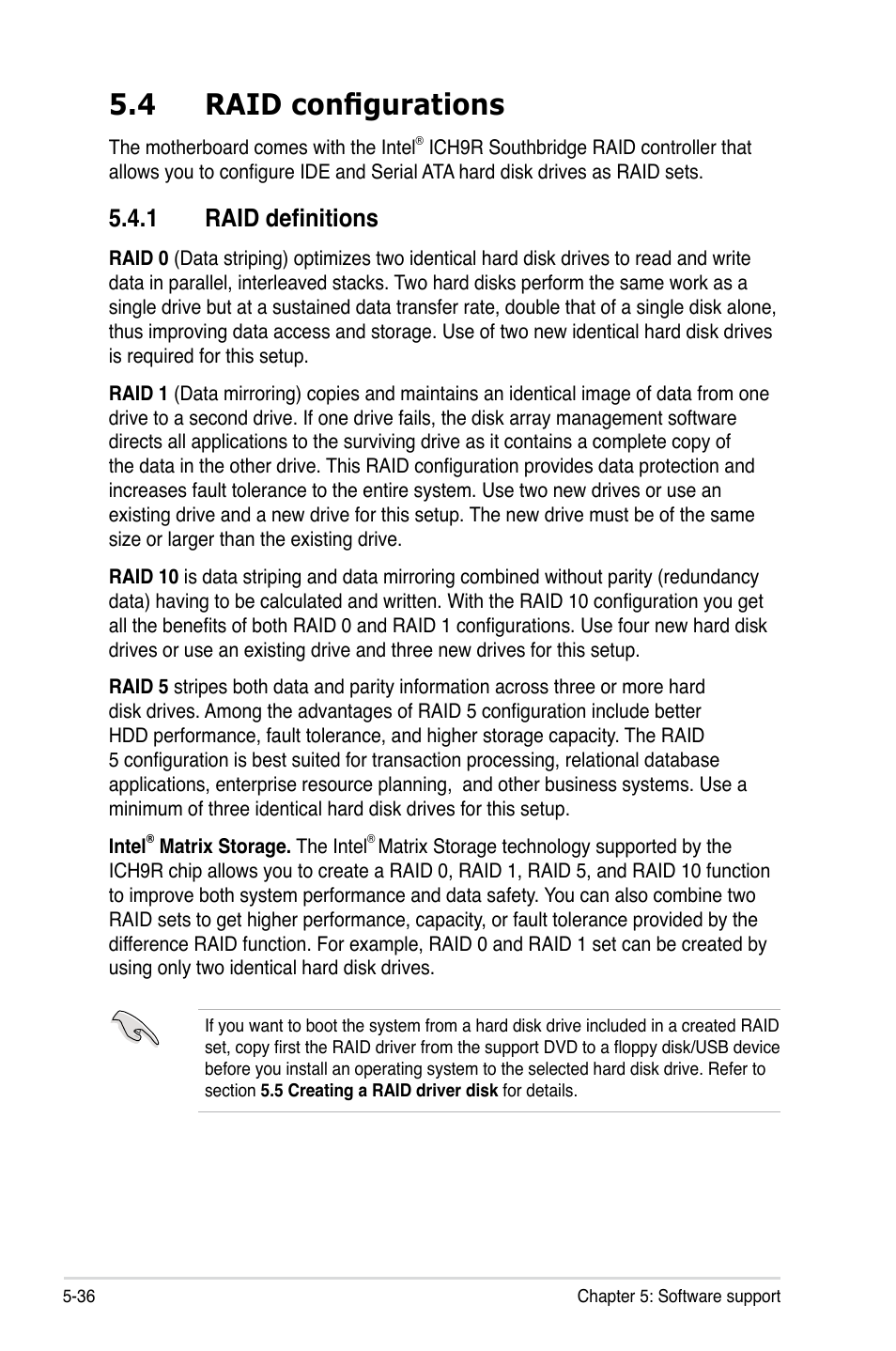 4 raid configurations, 1 raid definitions, Raid configurations -36 5.4.1 | Raid definitions -36 | Asus P5E Deluxe User Manual | Page 144 / 174