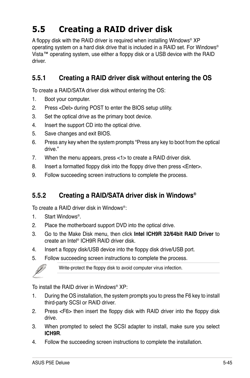 5 creating a raid driver disk, 2 creating a raid/sata driver disk in windows, Creating a raid driver disk -45 5.5.1 | Creating a raid/sata driver disk in windows | Asus P5E Deluxe User Manual | Page 153 / 174