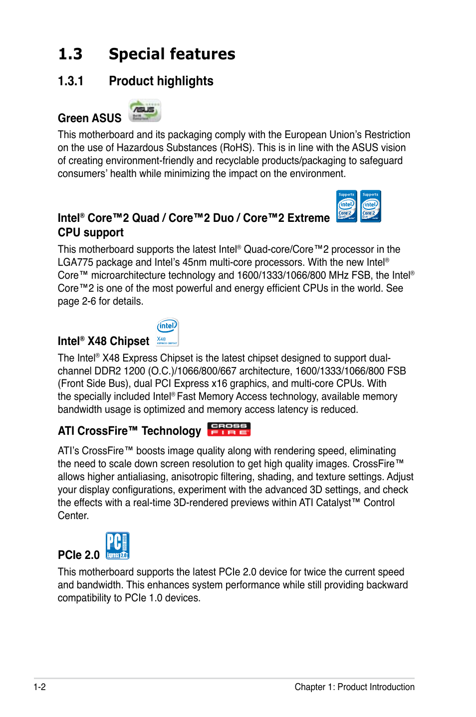 3 special features, 1 product highlights, Special features -2 1.3.1 | Product highlights -2 | Asus P5E Deluxe User Manual | Page 18 / 174