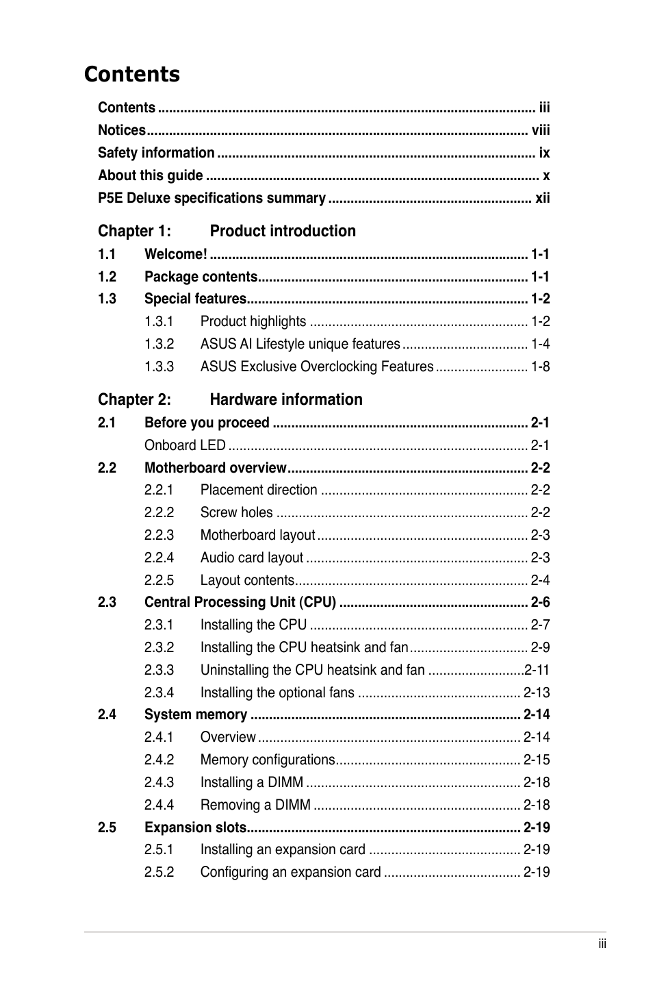 Asus P5E Deluxe User Manual | Page 3 / 174