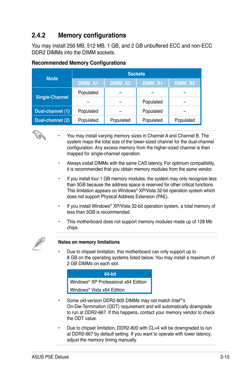 2 memory configurations, Memory configurations -15 | Asus P5E Deluxe User Manual | Page 41 / 174