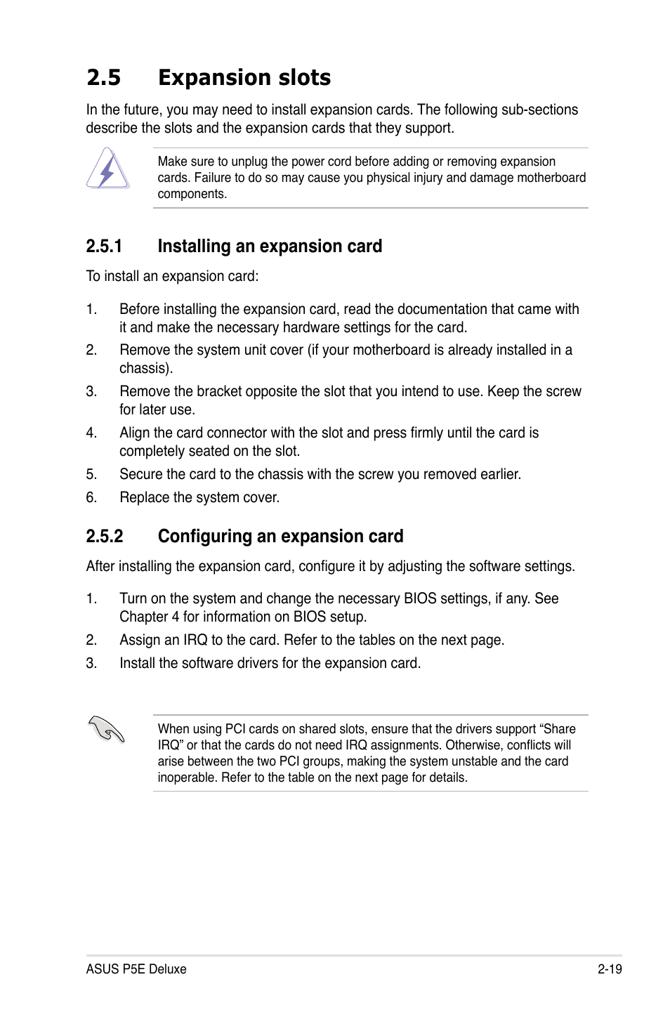 5 expansion slots, 1 installing an expansion card, 2 configuring an expansion card | Expansion slots -19 2.5.1, Installing an expansion card -19, Configuring an expansion card -19 | Asus P5E Deluxe User Manual | Page 45 / 174