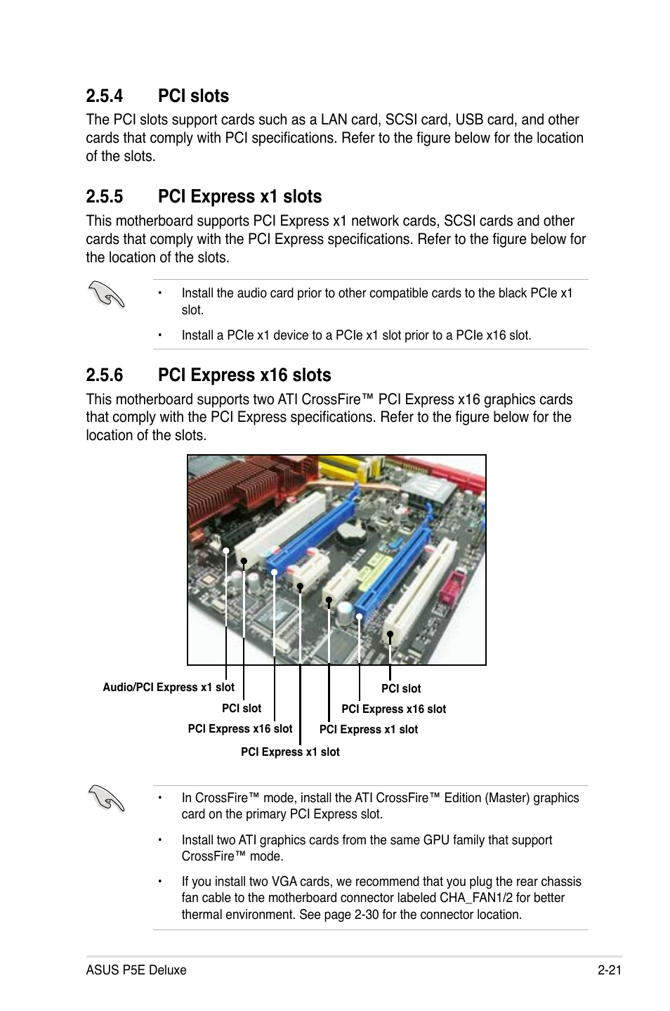 4 pci slots, 5 pci express x1 slots, 6 pci express x16 slots | Pci slots -21, Pci express x1 slots -21, Pci express x16 slots -21 | Asus P5E Deluxe User Manual | Page 47 / 174