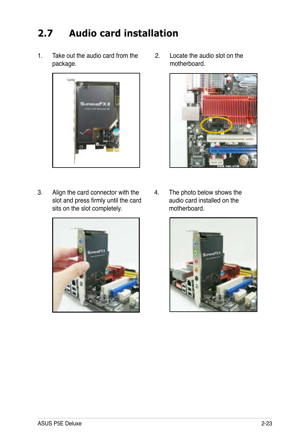 7 audio card installation, Audio card installation -23 | Asus P5E Deluxe User Manual | Page 49 / 174