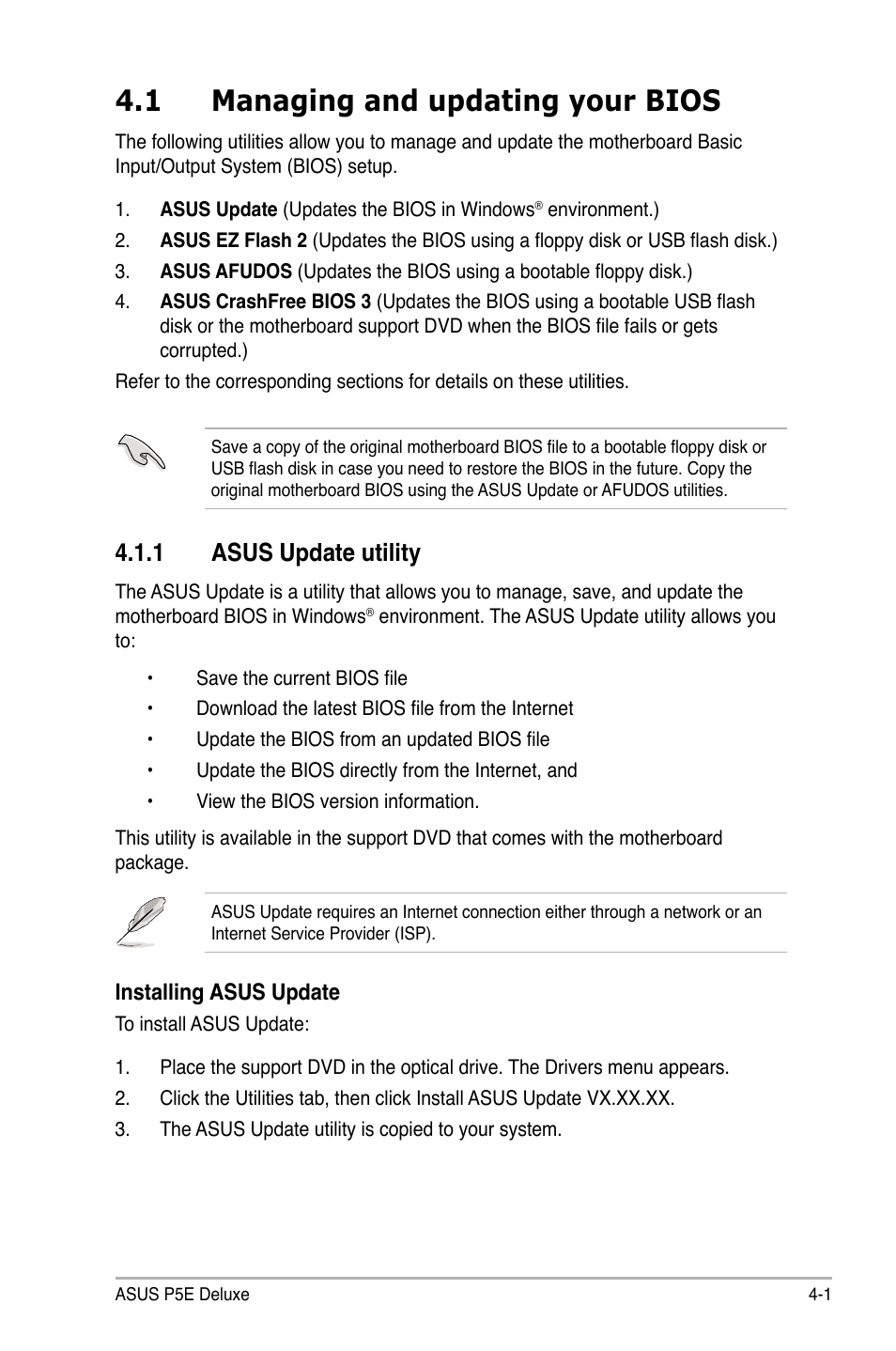 1 managing and updating your bios, 1 asus update utility, Managing and updating your bios -1 4.1.1 | Asus update utility -1 | Asus P5E Deluxe User Manual | Page 67 / 174