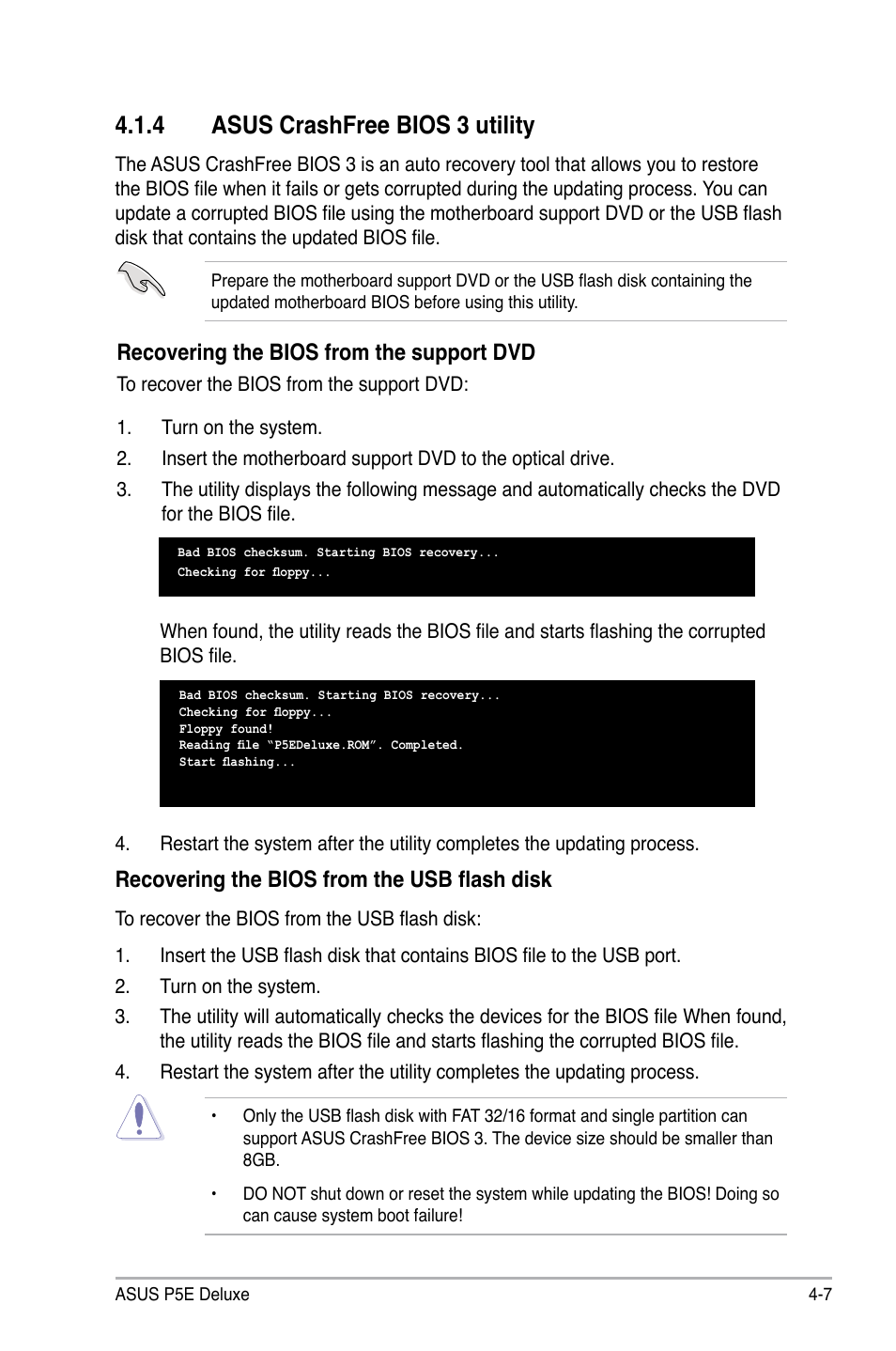 4 asus crashfree bios 3 utility, Asus crashfree bios 3 utility -7, Recovering the bios from the support dvd | Recovering the bios from the usb flash disk | Asus P5E Deluxe User Manual | Page 73 / 174