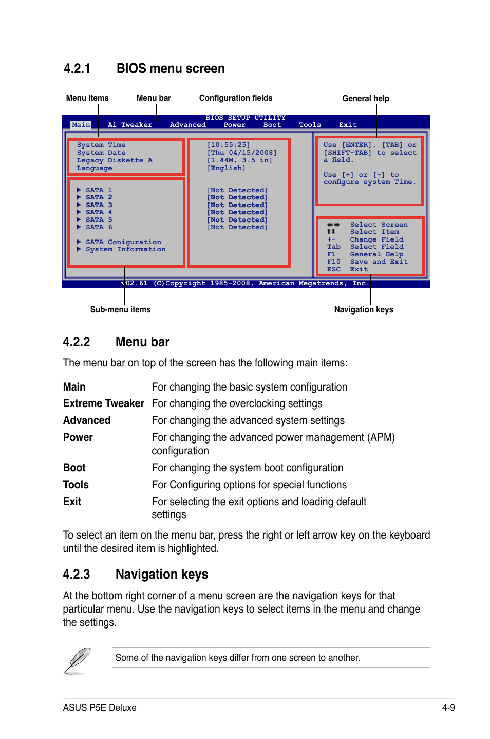 1 bios menu screen, 2 menu bar, 3 navigation keys | Bios menu screen -9, Menu bar -9, Navigation keys -9 | Asus P5E Deluxe User Manual | Page 75 / 174