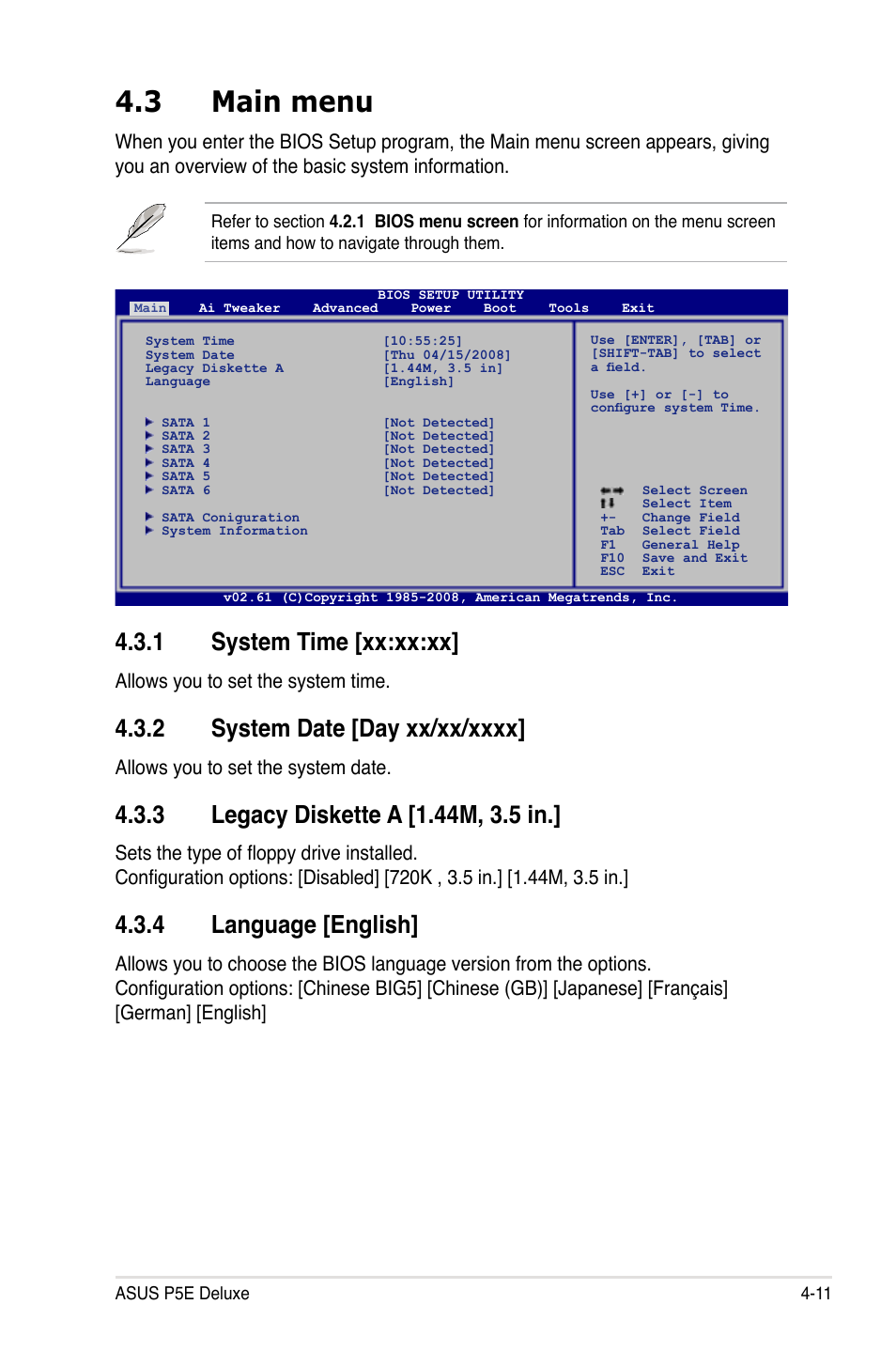 3 main menu, 1 system time [xx:xx:xx, 2 system date [day xx/xx/xxxx | 3 legacy diskette a [1.44m, 3.5 in, 4 language [english, Main menu -11 4.3.1, System time -11, System date -11, Legacy diskette a -11, Language -11 | Asus P5E Deluxe User Manual | Page 77 / 174